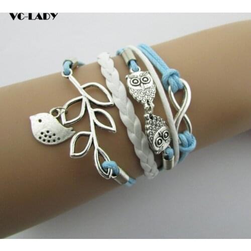 Vintage fashion owl big 8 love double infinite multi-layer leather bracelet factory wholesale price Jewellery