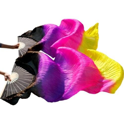 High Quality 100% Silk Belly Dance Fans 1 Pair Handmade Dyed Silk Dancing Long Fans Left+Right Black+Purple+Rose+Yellow 180x90cm