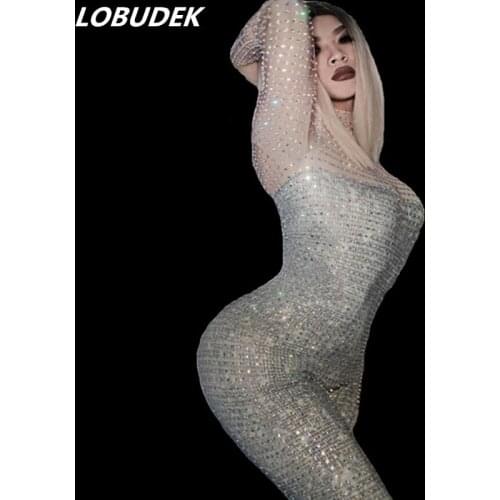 High-end Women Luxurious Costume Sparkly Silver Rhinestones Skinny Jumpsuit Sexy Nightclub Bar DJ Singer Dancer Crystals Costume