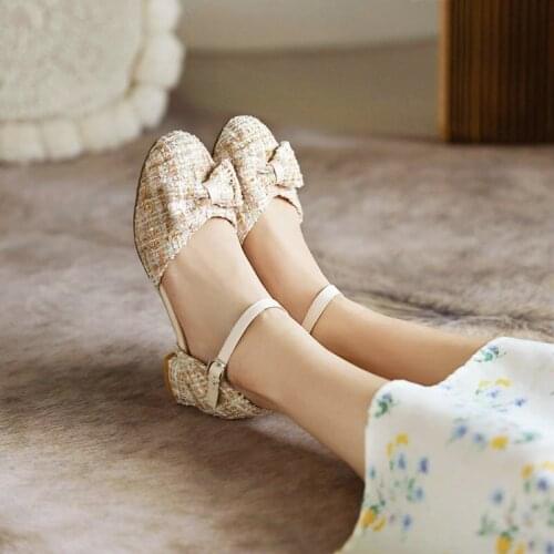 ZawsThia 2021 Summer Cute Girls Lolita JK Shoes Round Toe Tweed Plaid Checker Womans Mary Janes Pumps Chunky Med Heels Sandals