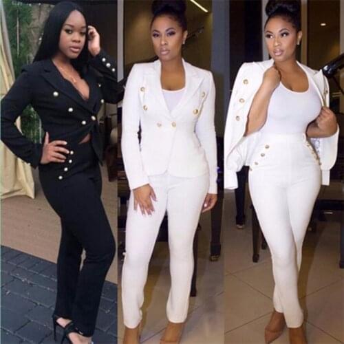 2 Pcs Women Formal Suits Jacket Pants Long Sleeve Buttons Blazers Lady Outfits Work Clothes