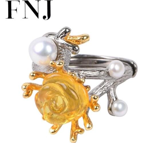 FNJ Amber Natural Pearl Flower Ring 925 Silver Vintage Original S925 Sterling Silver Rings for Women Jewelry Adjustable size