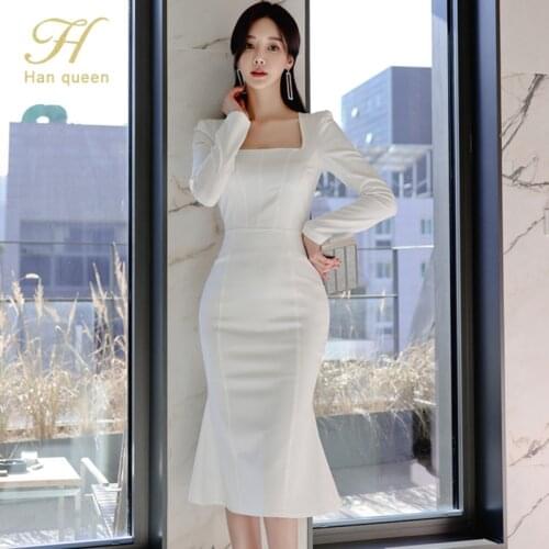 H Han Queen Spring Square Neck Leak Back Sexy Trumpet / Mermaid Dress Women Sheath Bodycon Dresses Office Lady OL Party Vestidos