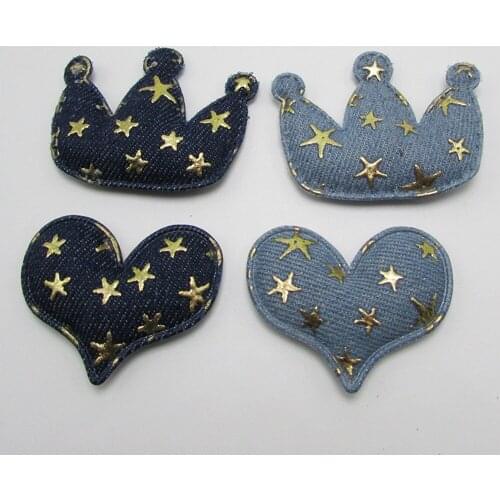 100pcs/lot DIY Denim Crown Heart padded applique Crafts with Gold stars for headwear bag shoe garment accessories Decoration