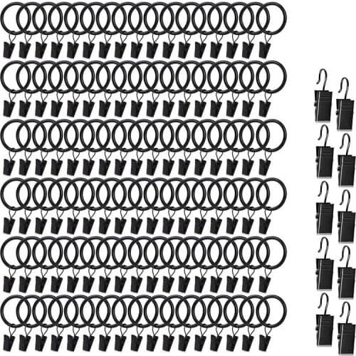 100 PCS Curtain Ring with Clip and 10 Pcs Clip, 1 Inch (2.54 mm) Metal Decorative Black Curtain Window Ring