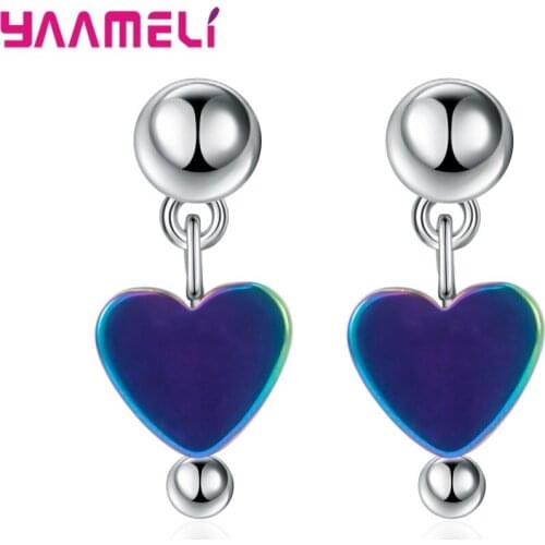 925 Sterling Silver Rainbow Colored Heart Dangler Earrings for Women Female Valentines Day Birthday New Year Gift Dropshipping