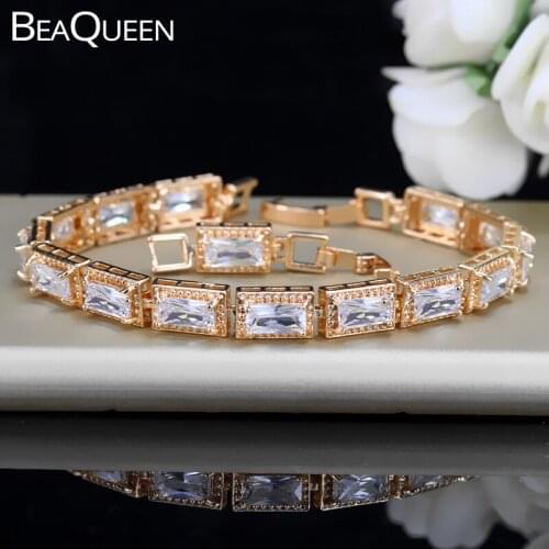 BeaQueen Noble Square Princess Cut Cubic Zirconia Crystal Charms Bracelet Bangle Women Gold Color Jewelry for Wedding B002