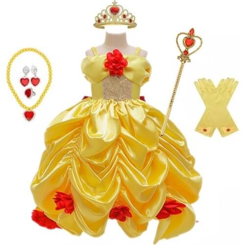 Kids Little Girls' Dress Cartoon Layered Ruched Lace Yellow Maxi Short Sleeve Cute Dresses Princess Belle dress Birthday costume