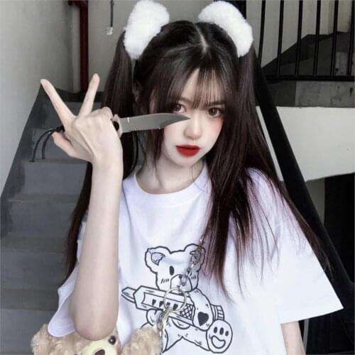 Japanese Gothic 100% cotton tops Dark bear T-shirt Big size Harajuku cartoon punk ins clothing kawaii female Ulzzang fun tees