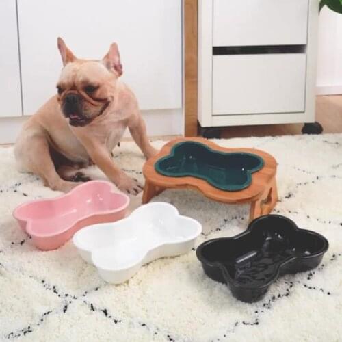 Dog Ceramic Feeder Elevated Bamboo Pet Cat Table with Ceramic Bowls Anti-Slip 15 Degree Tilted Neck Care Cats Dogs Feeding Bowl