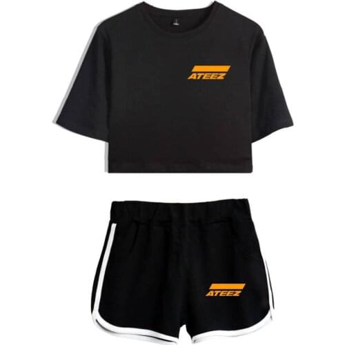 High Quality Summer Beautiful Girls Hot Sexy Two Pieces sets ATEEZ T-shirts short Pants Dew navel Sport Girls Short Sleeve Suits