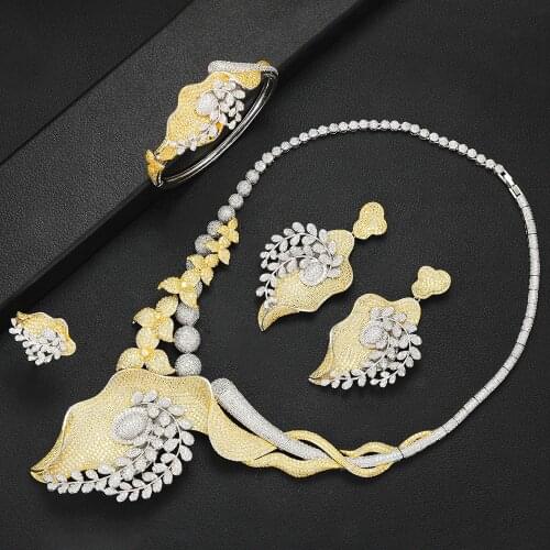 LARRAURI New 4PCS Luxury Nigerian Bridal Jewelry Sets Cubic Zirconia Collar Necklace Earrings Bangle Resizable Ring Jewelry Sets