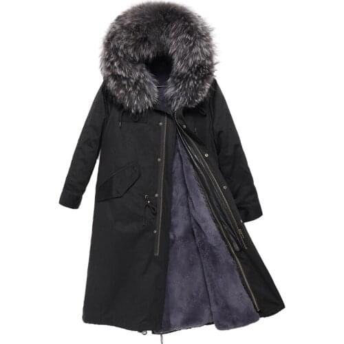 Fur Coat Parker Coat Winter Jacket Pike Large Leather Bear Fur Collar Natural Rabbit Fur Lining Long Jacket