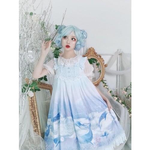 Sweet lolita dress vintage bowknot cute printing high waist princess victorian dress kawaii girl lolita Suspender dress
