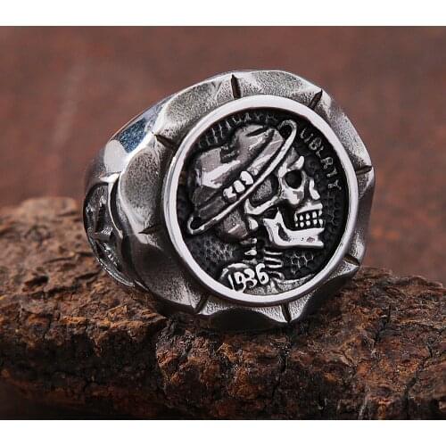 Gothic Stainless Steel Hat Skull Ring For Men Punk Hip Hop Shield Arrow Stamp Biker Skull Ring Fashion Jewelry Gift Wholesale