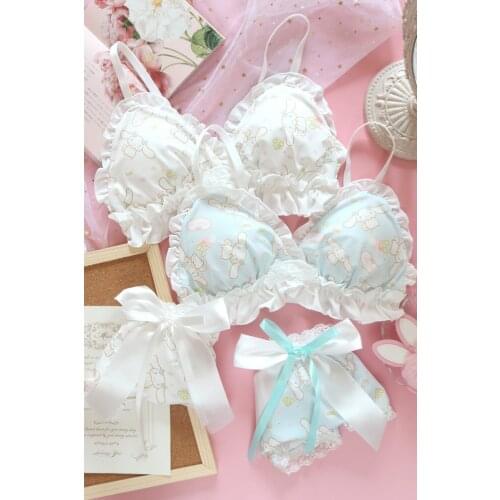 Wriufred Soft cute dog printed girl underwear lace no steel ring bra set bowknot ribbon net yarn flanging lingerie underwear