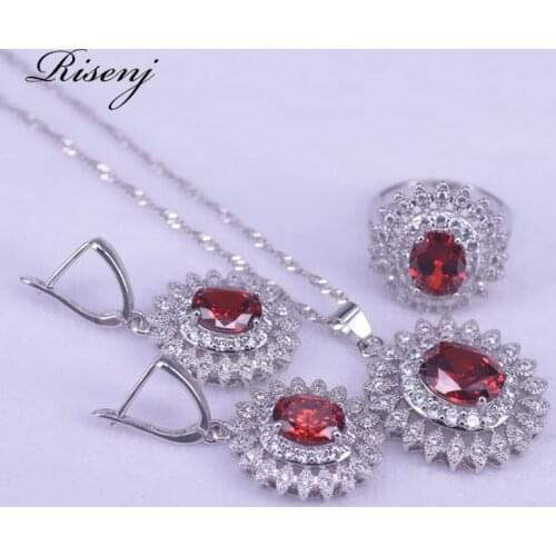 Sunflower 925 Sterling Silver Jewelry Set For Women Earrings Ring Necklace Set Shiny Red Zircon Bridal Jewelry Set