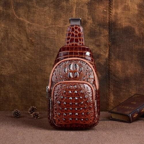 Genuine Leather Men Messenger Chest Bag Rucksack Retro Crocodile Pattern Cowhide Male Cross Body Bag Sling Knapsack Backpack