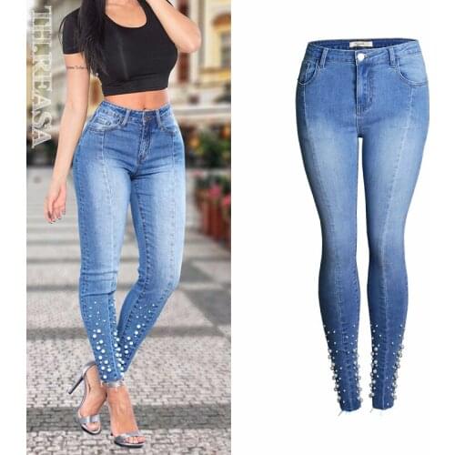 Spring New Jeans Womens Pants Slim Elastic Hip Lifting Thin Nail Bead Leggings Jeans