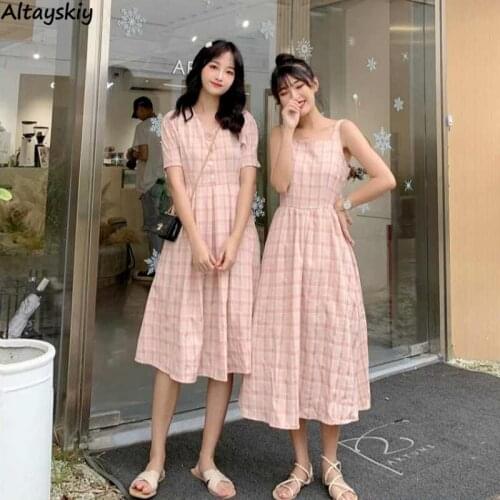 Dresses Women Sweet Students Causal Preppy Style Trendy Summer Female Stylish Simple Mujer De Moda Hipster Ulzzang V-neck Button