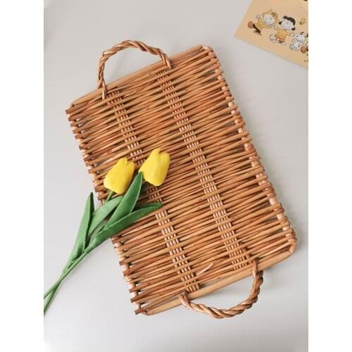 Hand Woven Natural Rattan Plate Dinner Plates Food Support Sushi Plate Fruit Bread Dessert Plates Dining Room Home Decor