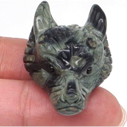 Wolf Head Pendant Natural Gemstone Green Kambaba Jasper Figurine Crystal Carved Reiki Healing Necklace Fashion Jewelry 1.5"