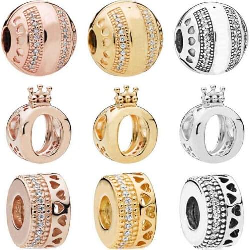QANDOCCI Rose Gold Shine Openwork Crown O Hearts Of Logo Hearts Clip Charms Fit Pandora Bracelet 925 Sterling Silver BeadJewelry