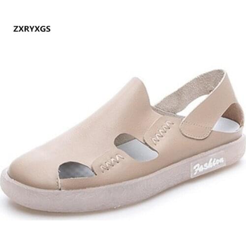 2020 Round Toe Hollow Genuine Leather Shoes Casual Sandals Women Shoes Sandals Flat Soft Sole Comfortable Women Summer Sandals