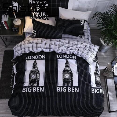 Solstice Home Textile Bedding Set Black Big Ben Pattern Duvet Cover Pillowcase Flat Sheet Teenage Adult Boy Bed Linens Twin Full