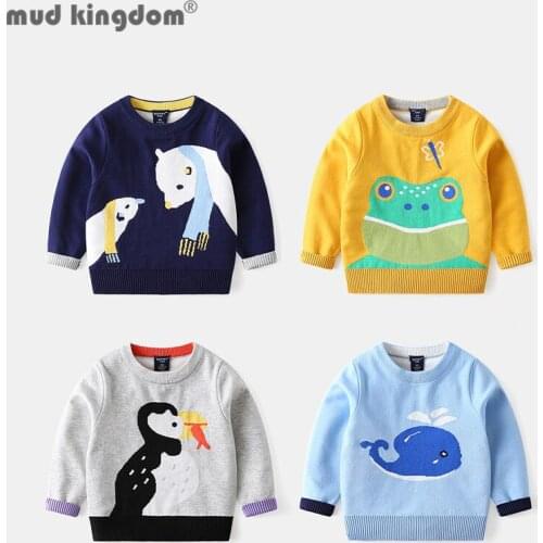 Mudkingdom Crewneck Sweater Pullover Fun Animal Pattern Little Boys Autumn and Winter Cartoons Thicken Kids Clothes Outfits