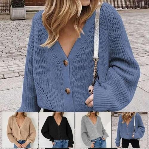 Dropshipping Autumn Women Deep V Neck Long Puff Sleeve Buttons Sweater Loose Jumper Pullover