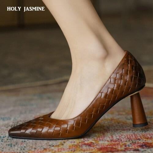 Genuine Leather High Heels Weave Pumps Sexy Gradients Boat Shoes Dress Shoes Women Pointed Toe Thin Heel Ladies Shoes Spring New