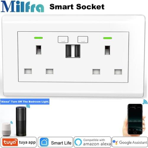 Milfra Wifi Smart Plug with USB Charger UK Smart Power Outlet Phone Control Socket for Google Assistant Alexa Tuya Smart Life
