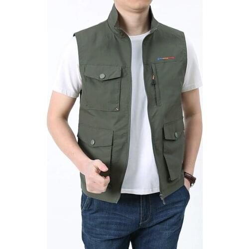 Spring mens casual vest youth stand-up collar multi-pocket solid color windproof vest casual zipper outdoor jacket trendy vest