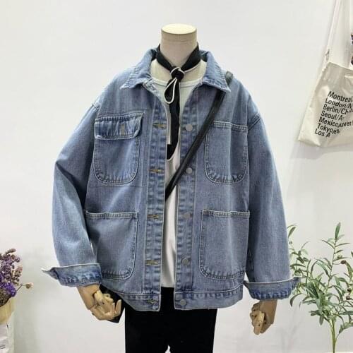 Harajuku Loose Big pocket Denim Jacket Women Oversized Washed blue Outerwear Spring Autumn 2021 Casual Washed blue Jeans Jacket