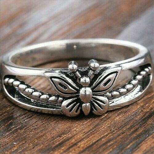 Womens Retro Silver Color Butterfly Ring Hollow Beaded Design Bride Engagement Wedding Band Birthday Anniversary Gift Jewelry