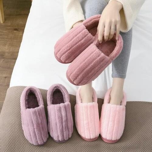 Women indoor slippers Non-slip Soft Winter Warm House Slippers pink striped fluffy slippers Ladies Soft Slippers Couples Sho