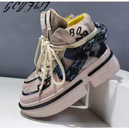 Women Sneakers High-Top Lace-Up Round Toe Flat Platform Ladies Shoes Thick Bottom Mixed Colors Cross-tied Sapatos Das Mulheres