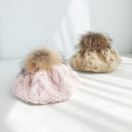 Real Fur Winter Beret Hats Women Franch Style Vintage Painter Wool Berets Hat with big pom Female Octagonal cap Kitted Hats