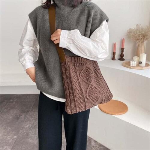 Female Woolen Knitted Bag Braid Criss Cross Handbag Vintage Knitted Shoulder Bag PU Leather Strap Crossbody Bag Retro Chic Bag