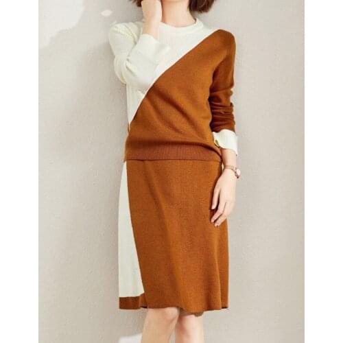 Autumn New Sweater Two Piece Set Women Korean Elegant Color Contrast Knitwear Pullover Tops + Knee-length Skirt 2 Piece Sets