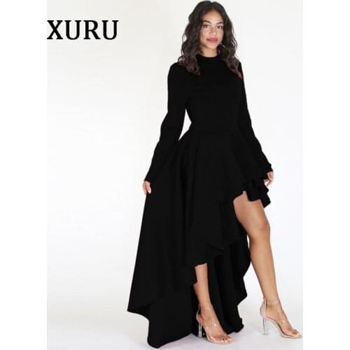 XURU Women Long Sleeve Asymmetrical Dress Autumn Winter Womens O Neck Cascading Ruffles Casual Dresses Femme Plus Size S-XXXL