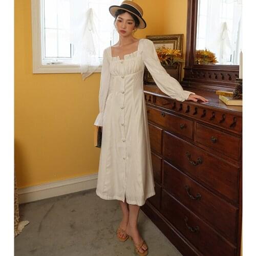 Women White Vintage Maxi Dress Spring Summer 2021 Long Sleeve Elegant Retro Party Night Vacation Runway Vestidos Korean Casual