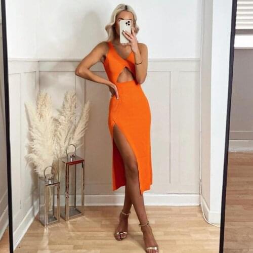 Sexy Hollow Navel V-Neck Ribbed Slit Dresses Elegant Sleeveless Stretch Tight Long Dress Women Summer Street Party Dresses Robe