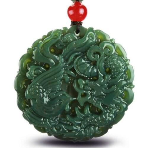 2017 Natural Green Hetian Jades Pendant 3D Carved Chinese Dragon Phoenix Lovers' Nephrite Qing Jades Jewelry Pendants With Rope
