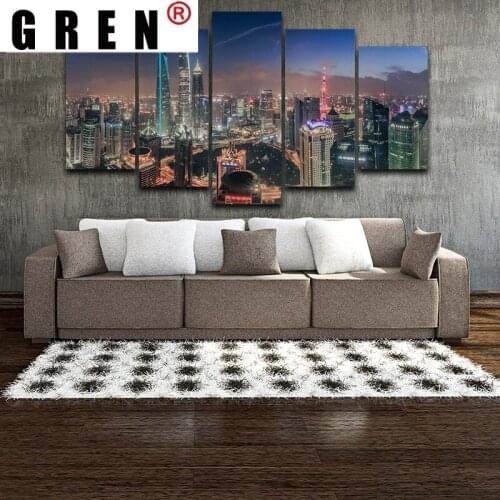 GREN Abstract Modular 5 Pieces Canvas Paintings Posters Prints Shanghai Tower City Sofa Pictures Wall Art Home Decor Living Room