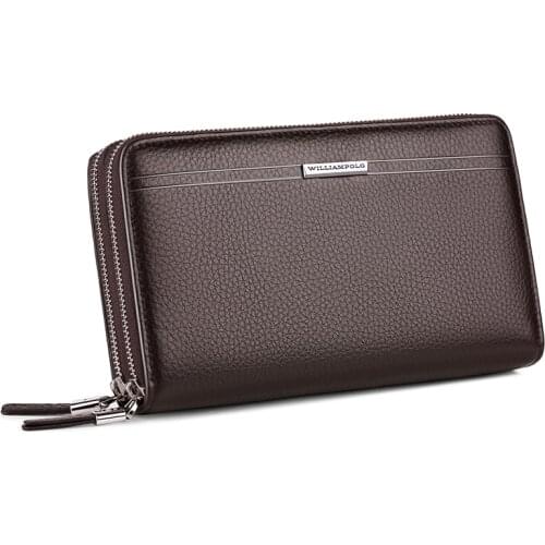 WILLIAMPOLO Men Wallets Long Clutch bag Genuine Leather Cards Holder Double Zipper Wallets luxury Phone ID card Coin Purse Men