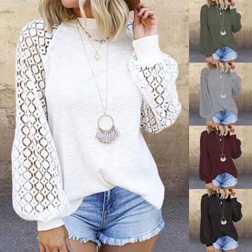 Elegant Women Lace Hollow Out Blouse Shirts Long Sleeve O Neck Solid Tops Shirt 2020 Autumn Solid Patchwork Blouse Dropshipping