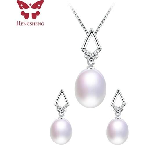 HENGSHENG Natural Jewelry Set For Women,Pendants & Earrings,Rice Shape Pearl with Zircon Rhombus Accessories,Jewelry Box