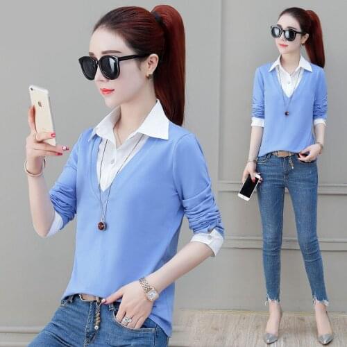Fake Two-Piece Shirt Womens 2020 Spring and Autumn Korean New Long-Sleeved Upper Garment Spring IFashion Slim Shirt